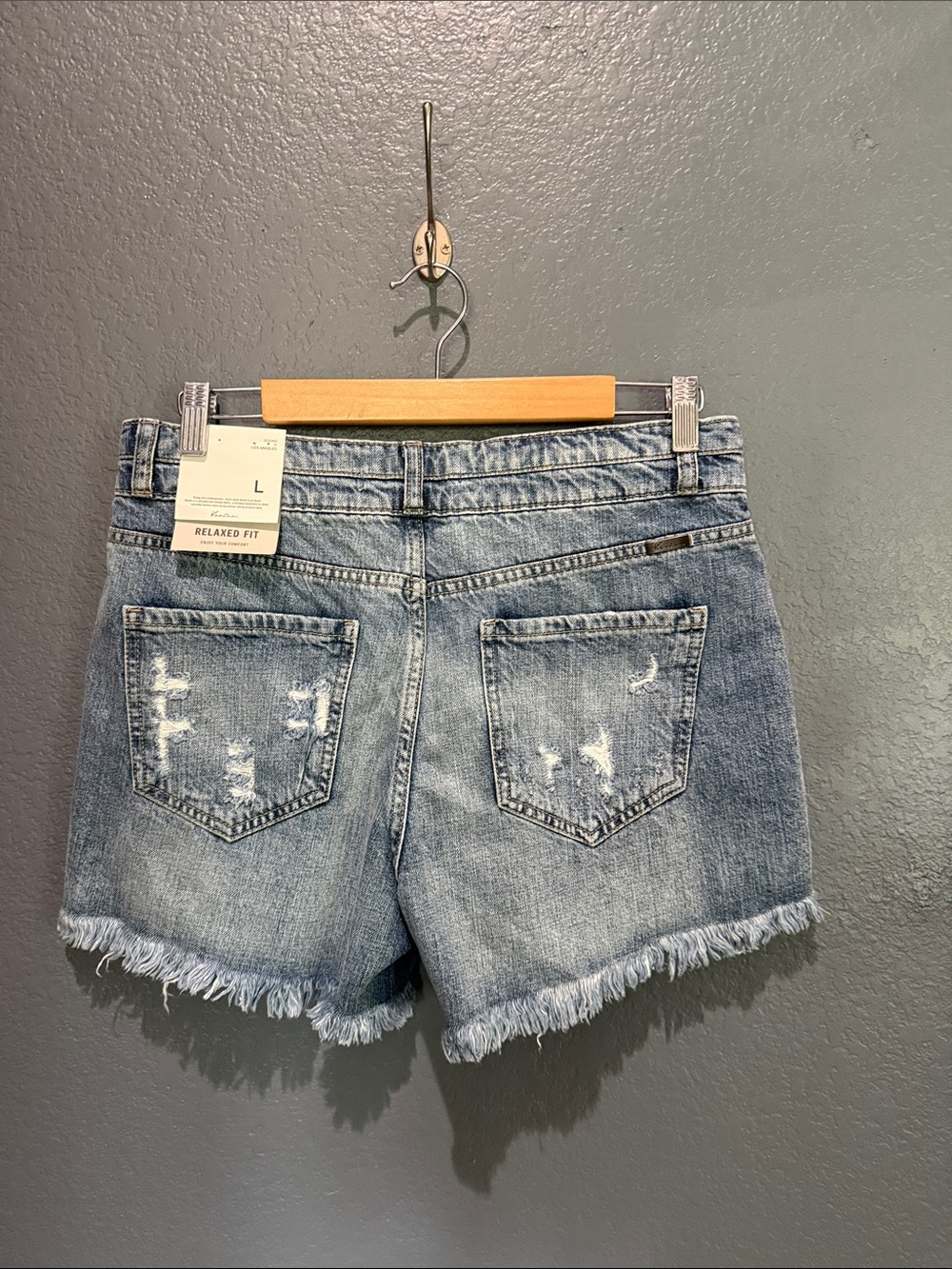 NWT KANCAN Denim Distressed Frayed Hem Blue Shorts Sz L - Picture 9 of 13